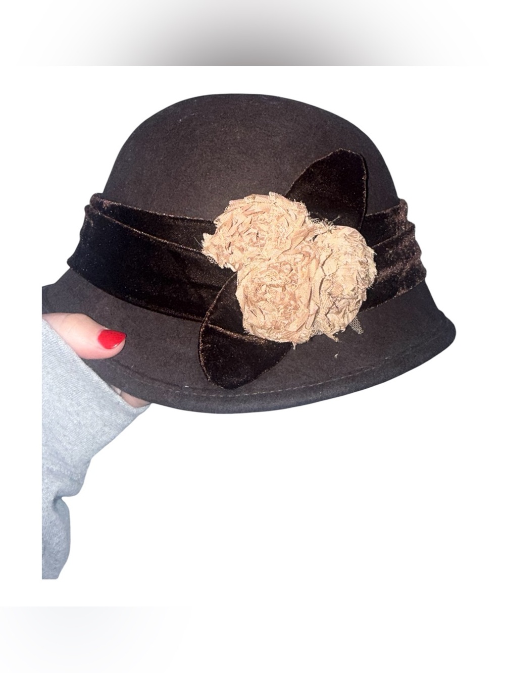 Vintage Scala Pronto Brown Merino Wool Cloche Bucket Hat Floral Y2K OS - Picture 3 of 4